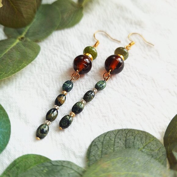 Kambaba Jasper & Tourmaline Earrings – Boho Witchy Dangle Earrings, Whimsigoth - Picture 6 of 9